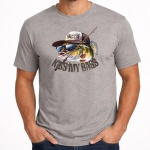 Gildan Kiss My Bass Fishing Graphic T Shirt Grey Size M